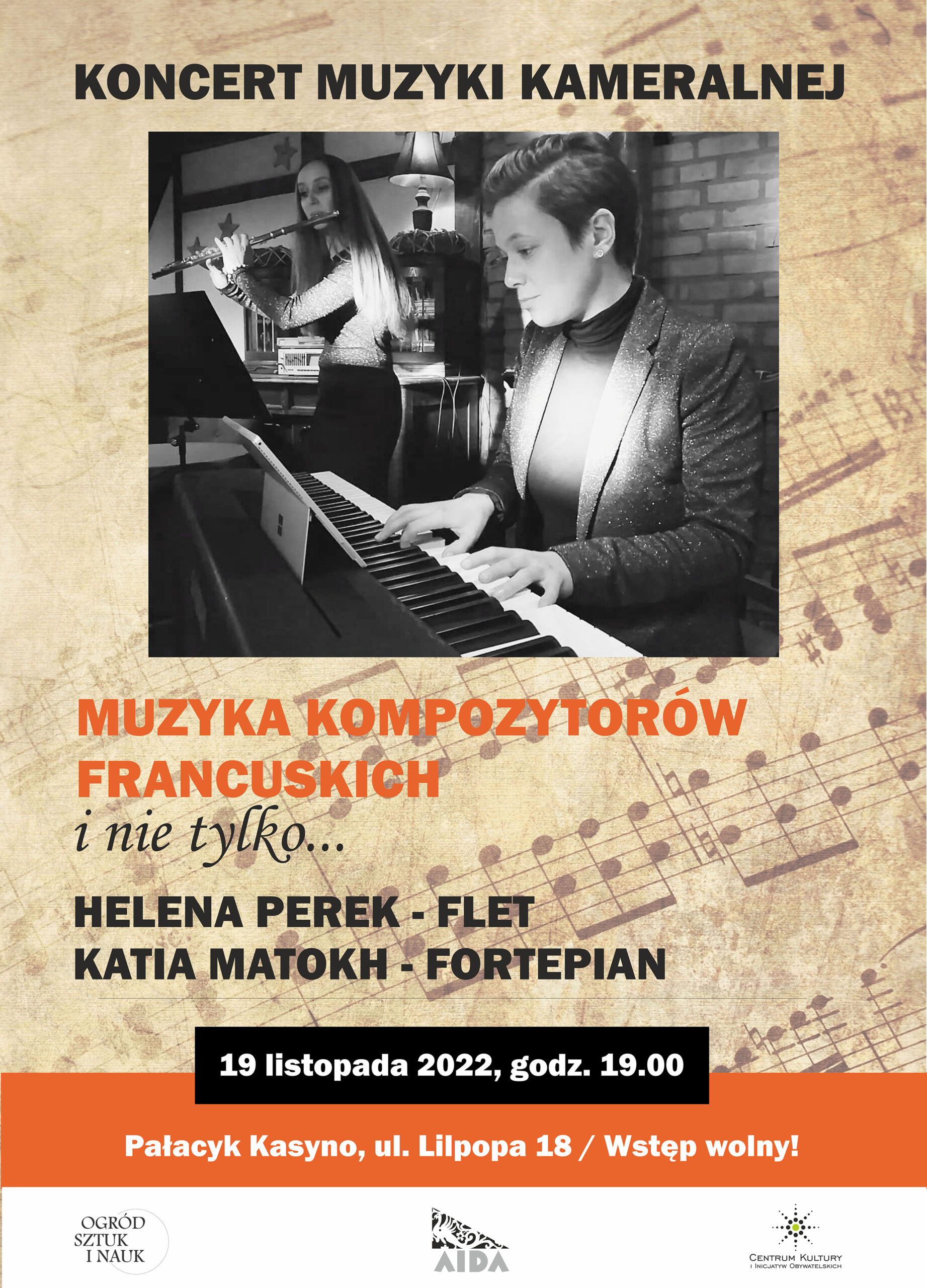 plakat koncertu muzyki kameralnej. Muzyka kompozytorów francuskich i nie tylko... Helena Perek - Flet, Katia Matokh - Fortepian 19 listopada 2022 o godz. 19.00