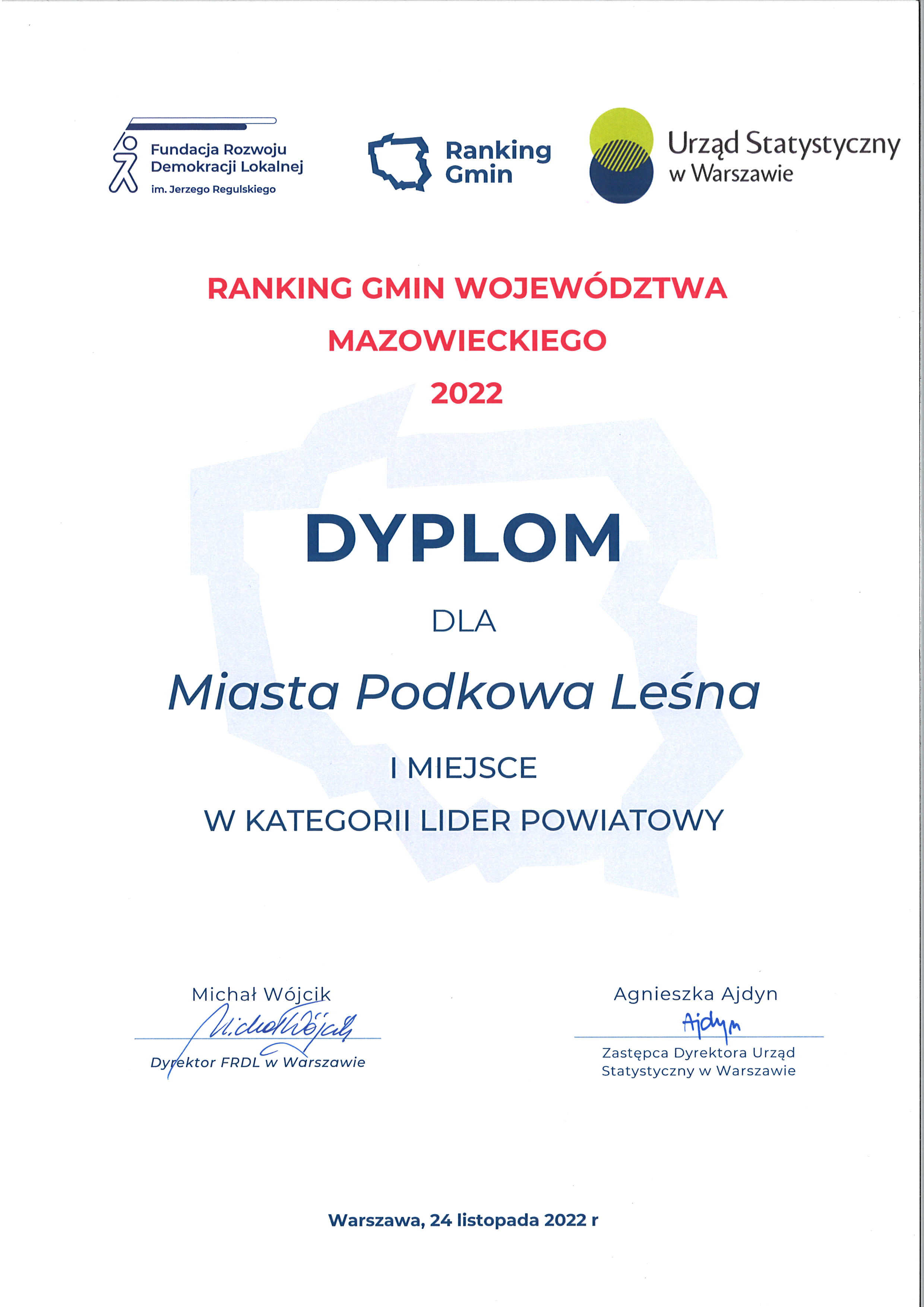 Dyplom dla Miasta Podkowa Leśna za I miejsce w kategorii Lider Powiatowy