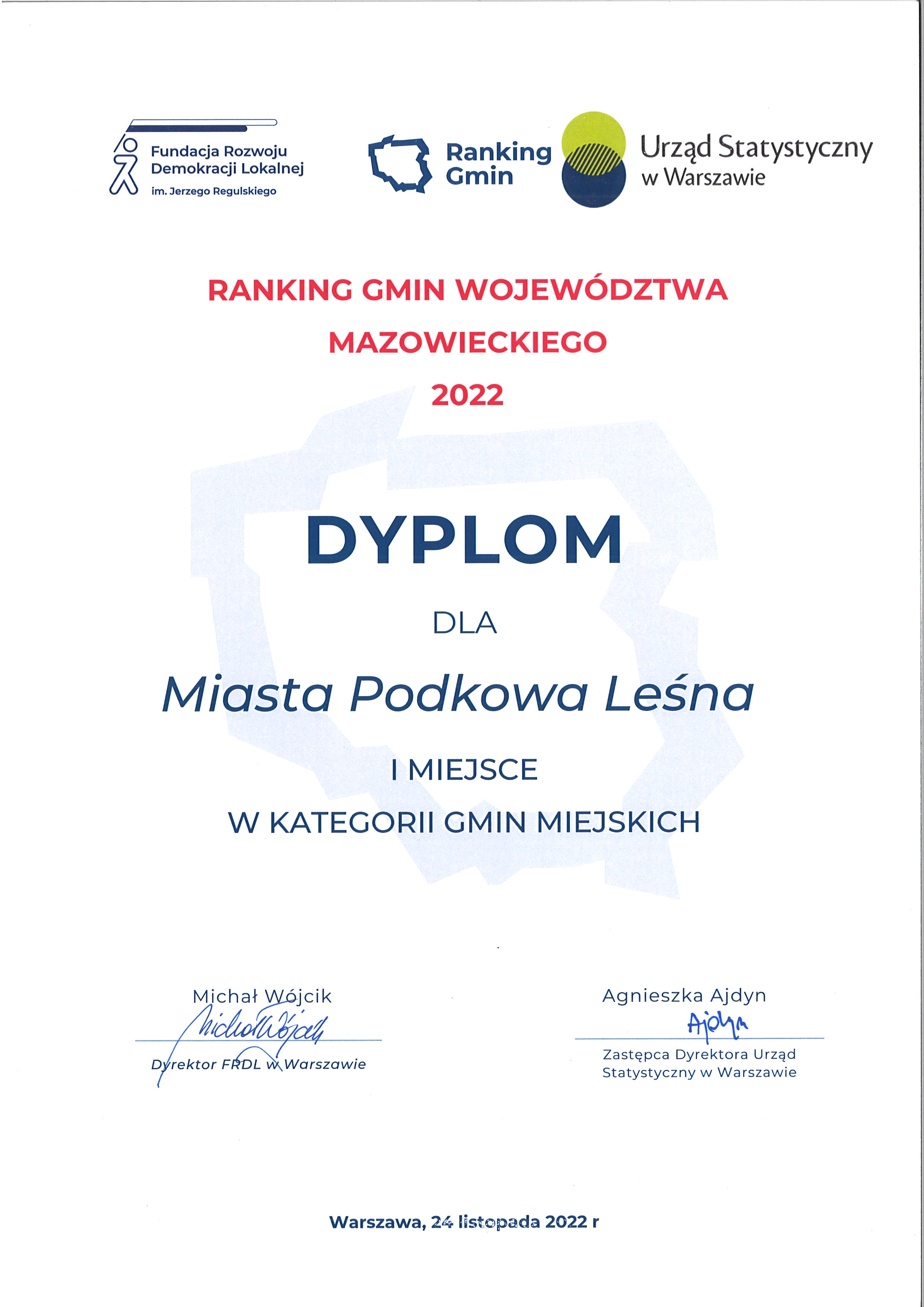 Dyplom dla Miasta Podkowa Leśna za I miejsce w kategorii Gmin Miejskich