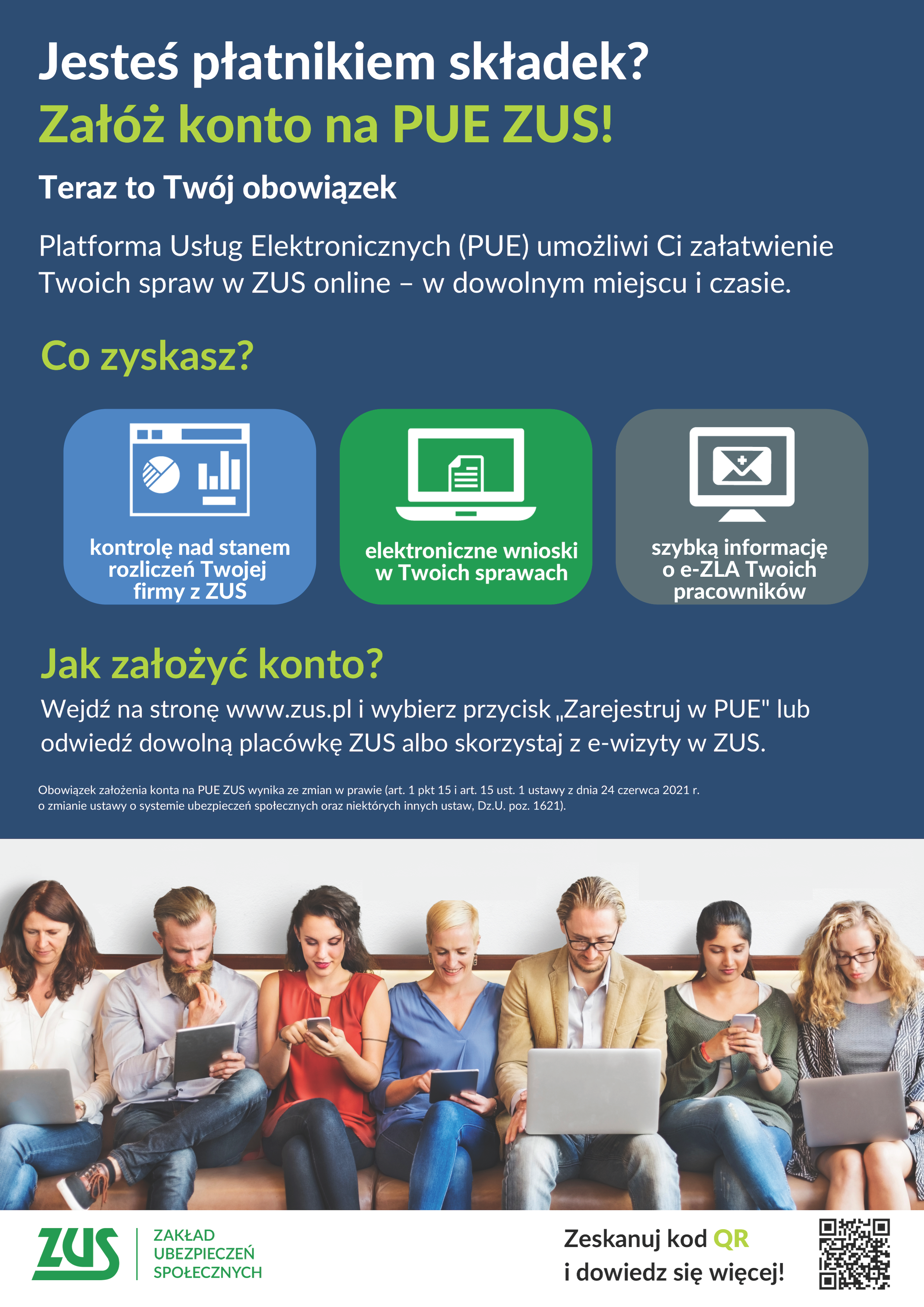 Plakat PUE ZUS - Platforma Usług Elektronicznych PUE umożliwi Ci załatwienie Twoich spraw w ZUS online - w dowolnym miejsu i czasie.